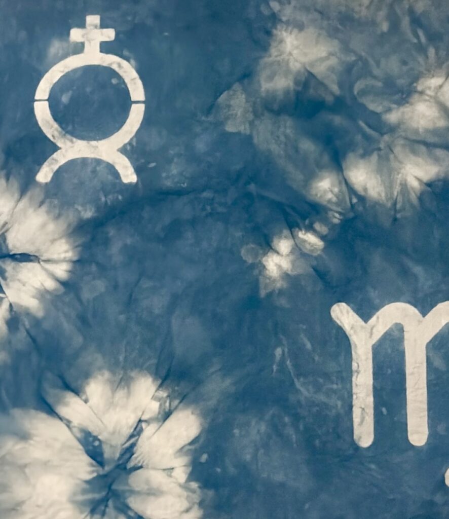 100% cotton bandana dyed with indigo used the Katazome japanese technique with shapes or Virgo and Mercurio